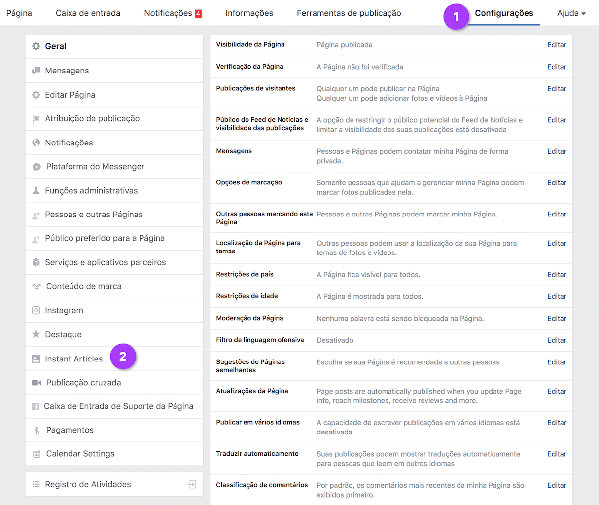 Clique em configurações e depois em Instant Articles