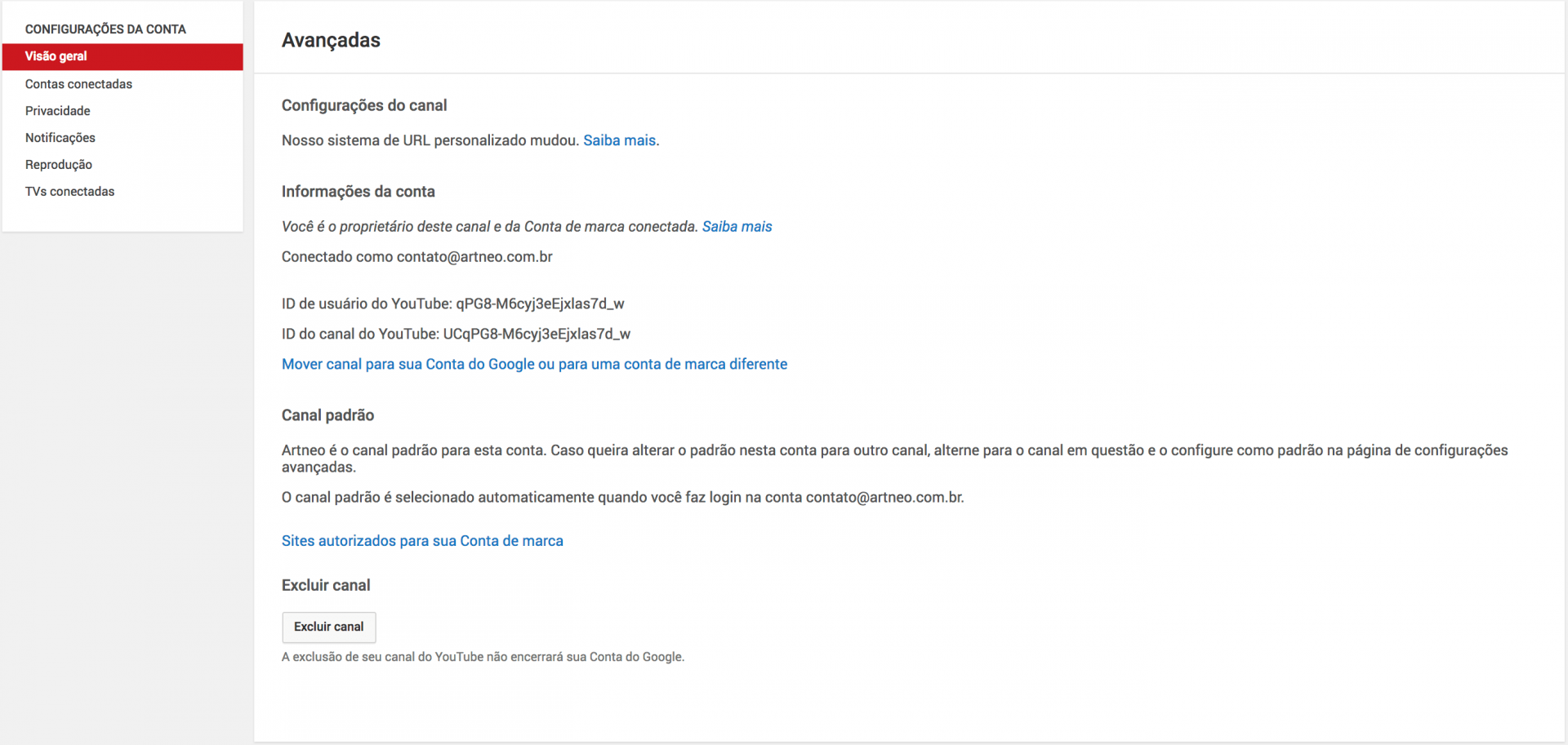 Mover canal para sua Conta do Google ou para uma conta de marca diferente