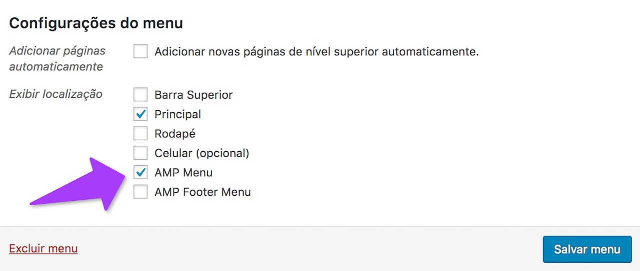 Selecione o menu que aparecerá nas páginas AMP