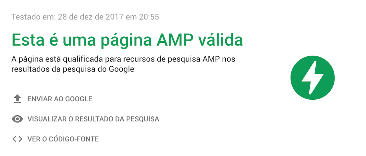 Sucesso – A página AMP é válida