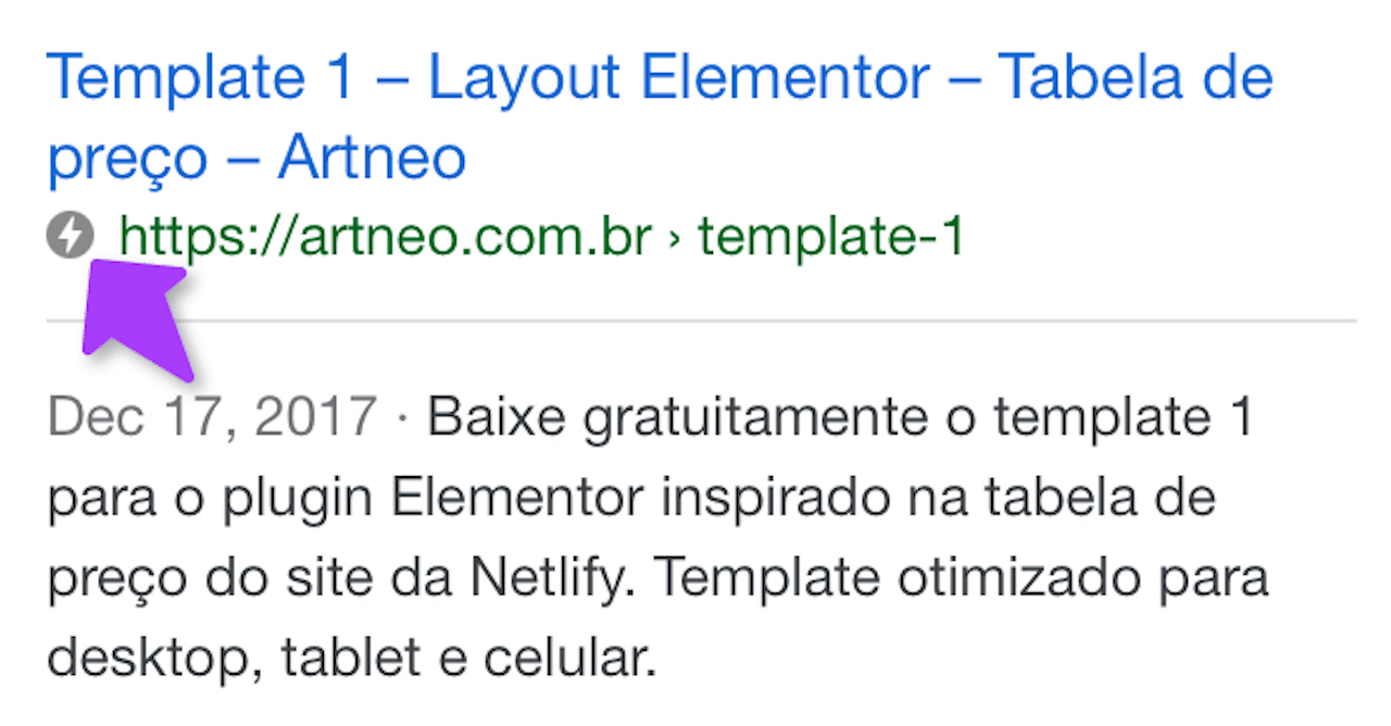 Ícone de raio mostra se a pagina é AMP nas pesquisas do Google para mobile