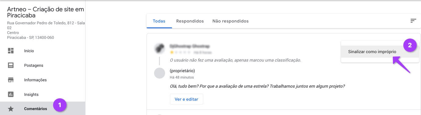 Sinalize a avaliação como imprópria