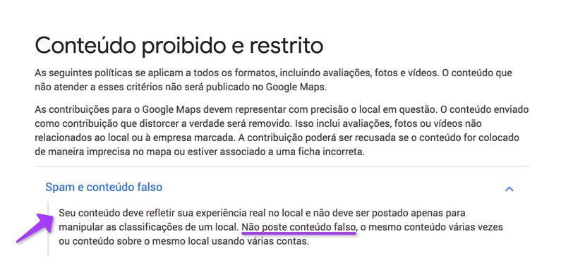 Viola a política de comentarios do Google