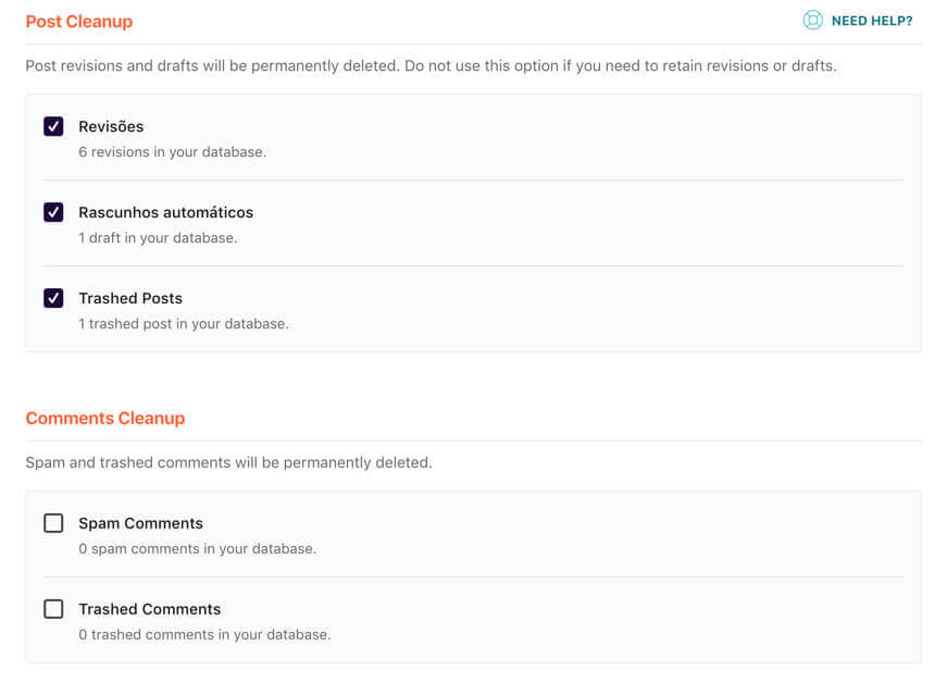 Configurações de limpeza de posts e comentários