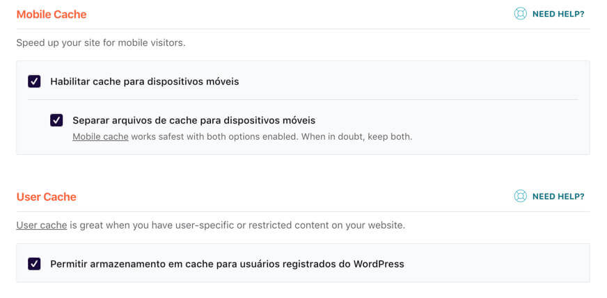 Configurações de Mobile Cache e User cache