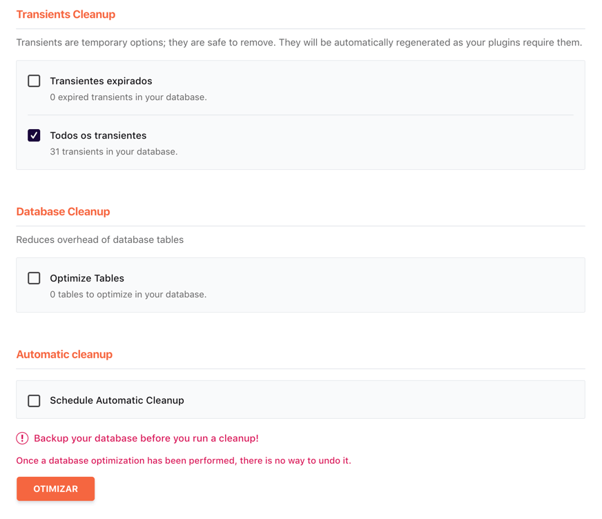 Configurações de Transients, Database e Automatic Cleanup