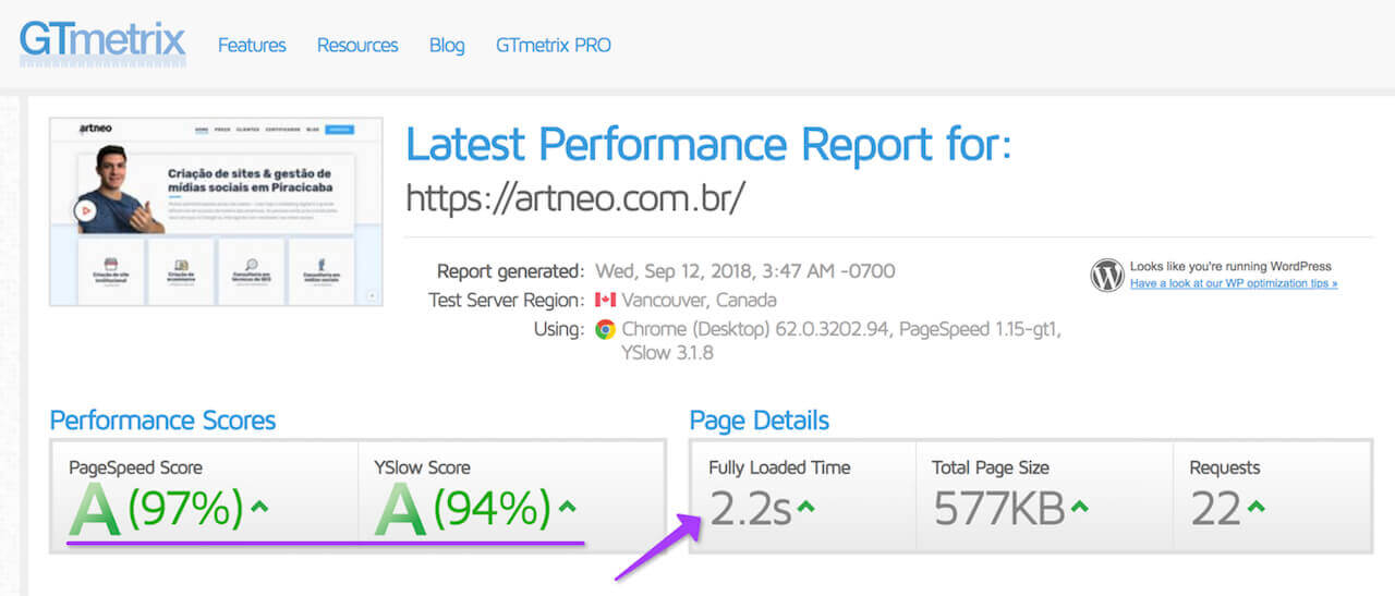 Relatório de velocidade no GTmetrix