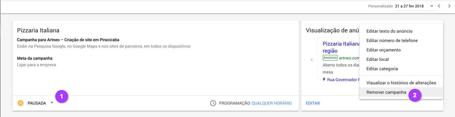 Pause ou remova sua campanha sem problemas