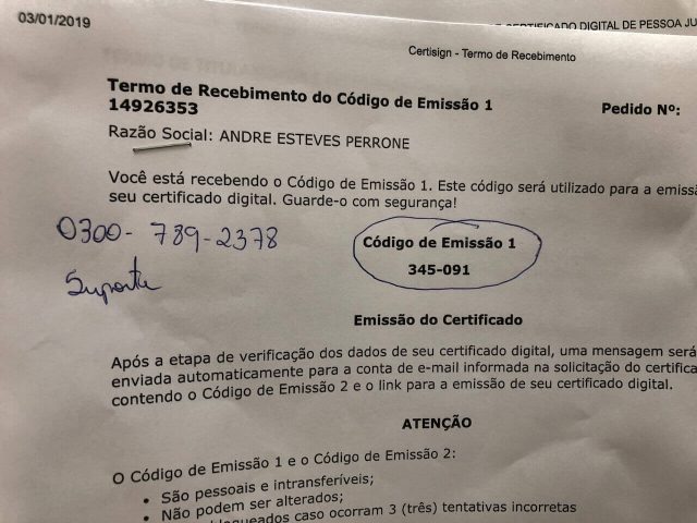 Documento com o primeiro código de ativação